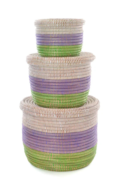 Lavender, Green, and White Lidded Storage Baskets