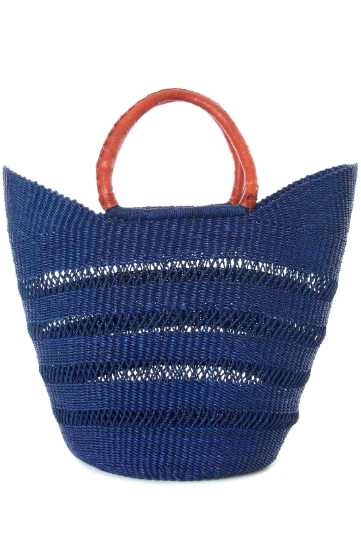 Navy Blue Ghanaian Lacework Wing Shopper with Leather Handles