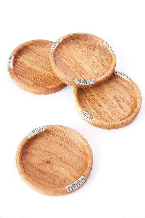 Olive Wood Recessed Coasters with Etched Bone Inlay (Sold Individually)