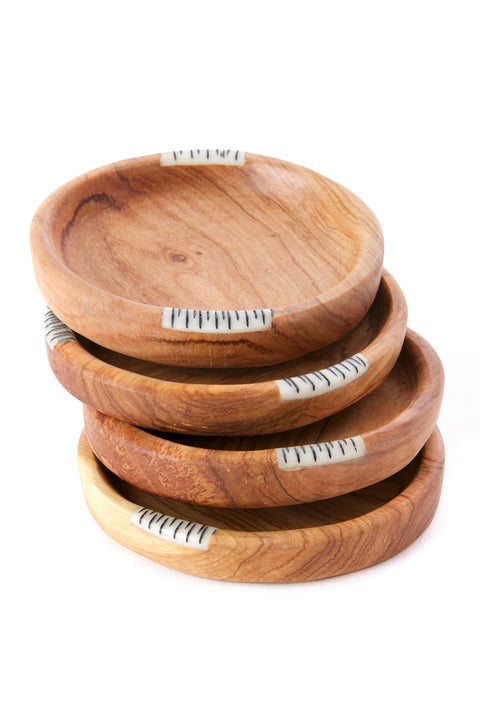 Olive Wood Recessed Coasters with Etched Bone Inlay (Sold Individually)